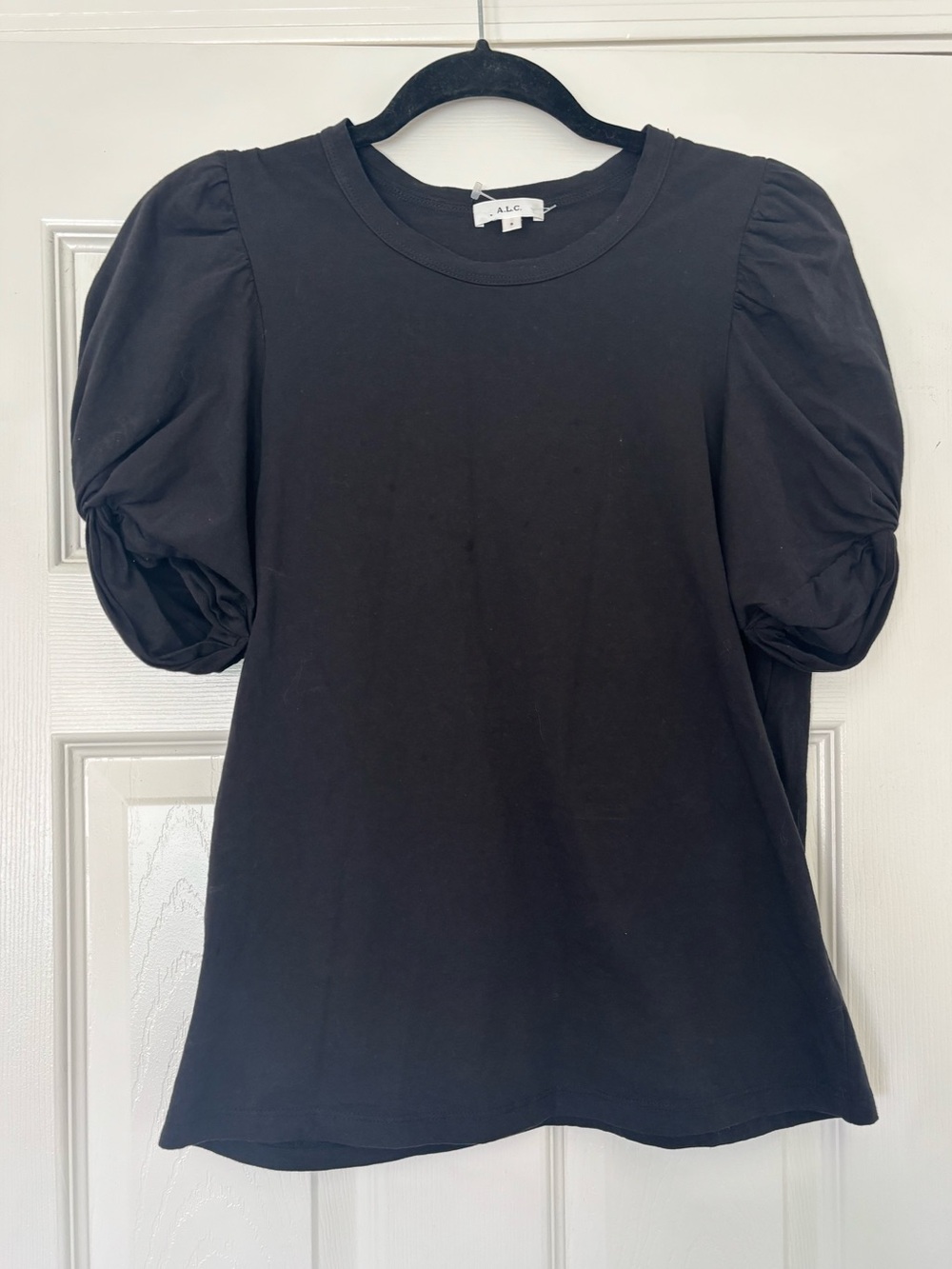 A.L.C. Kati Ruched Puff Sleeve Blouse Size S Black Crew Neck Capsule Basics